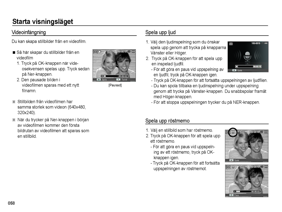 Samsung EC-PL50ZPBP/E2, EC-PL50ZABP/E2, EC-PL50ZBBP/E2, EC-PL50ZSBP/E2 Videoinfångning, Spela upp ljud, Spela upp röstmemo 