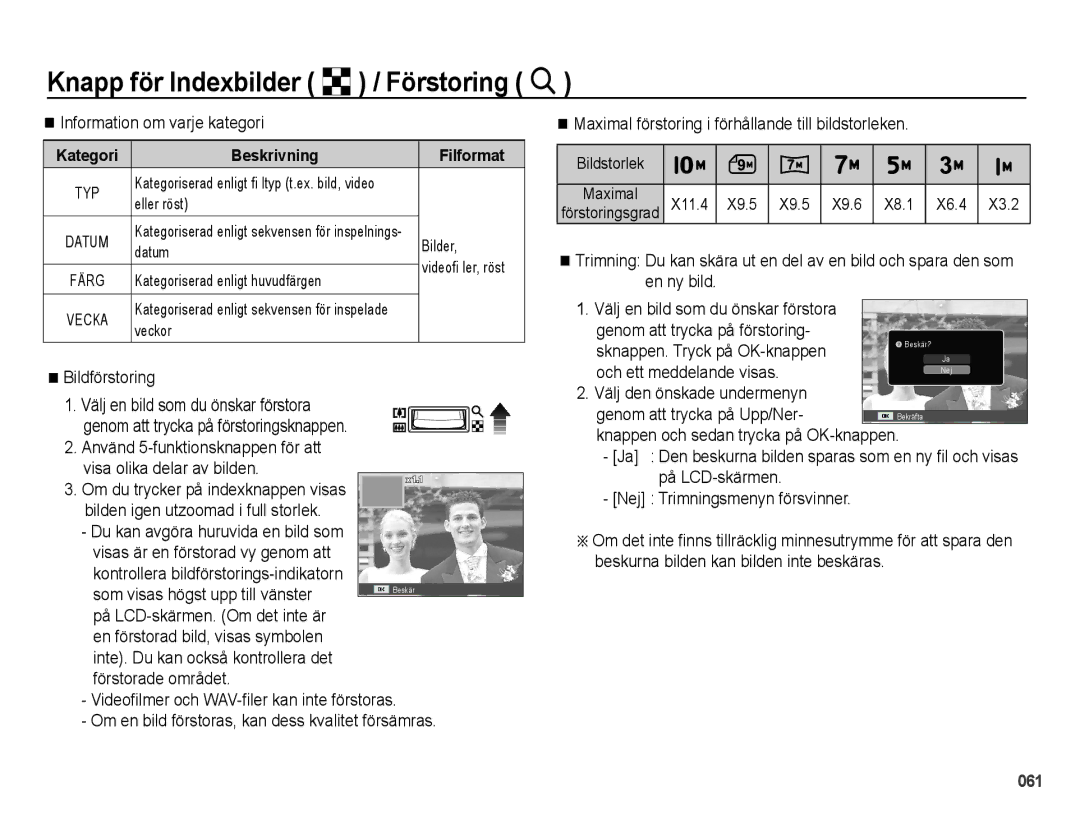 Samsung EC-PL50ZSBP/E2 manual Knapp för Indexbilder º / Förstoring í, Information om varje kategori, Bildförstoring 