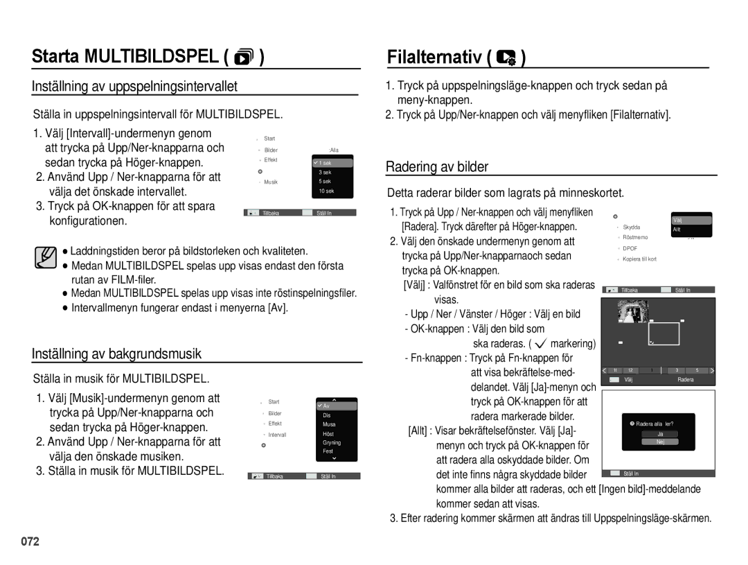 Samsung EC-PL50ZBBP/E2, EC-PL50ZABP/E2 manual Filalternativ, Inställning av uppspelningsintervallet, Radering av bilder 