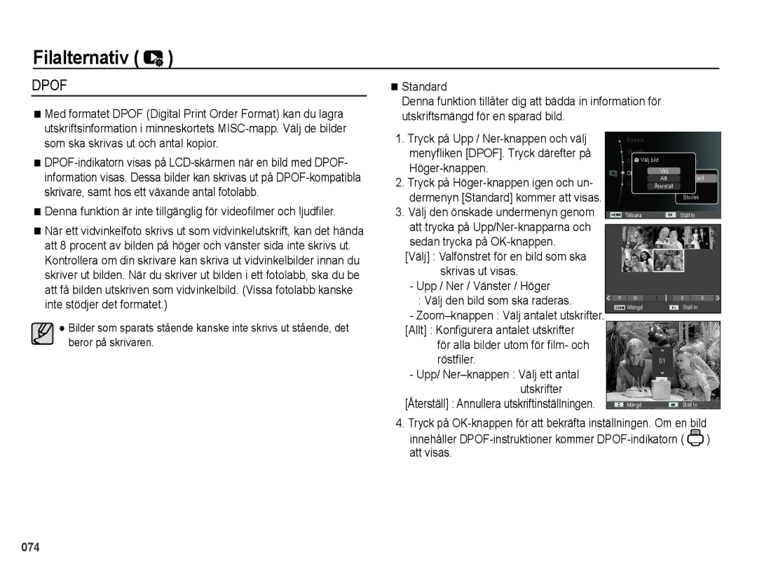 Samsung EC-PL50ZPBP/E2, EC-PL50ZABP/E2, EC-PL50ZBBP/E2, EC-PL50ZSBP/E2 manual Dpof, Standard 