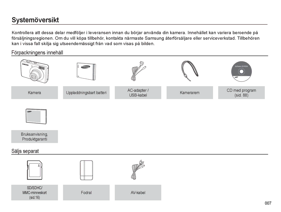 Samsung EC-PL50ZABP/E2, EC-PL50ZBBP/E2, EC-PL50ZSBP/E2 manual Systemöversikt, Förpackningens innehåll, Säljs separat 