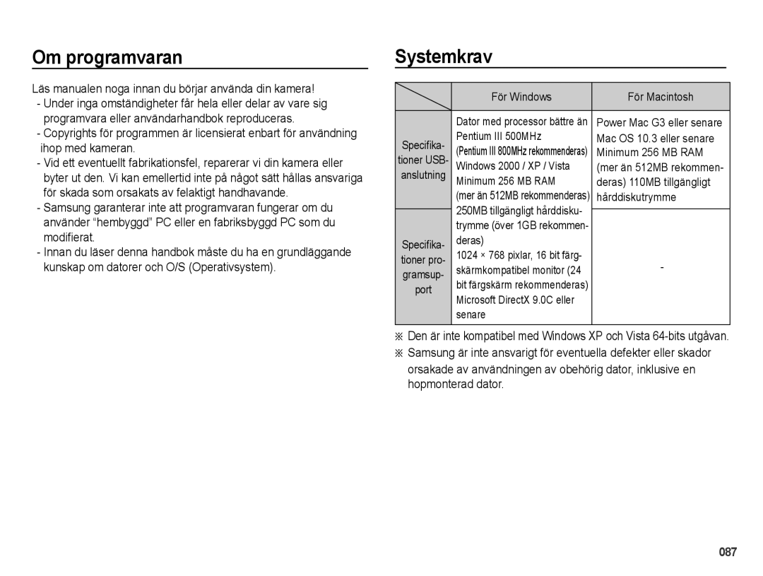 Samsung EC-PL50ZABP/E2, EC-PL50ZBBP/E2 Om programvaran, Systemkrav, Läs manualen noga innan du börjar använda din kamera 