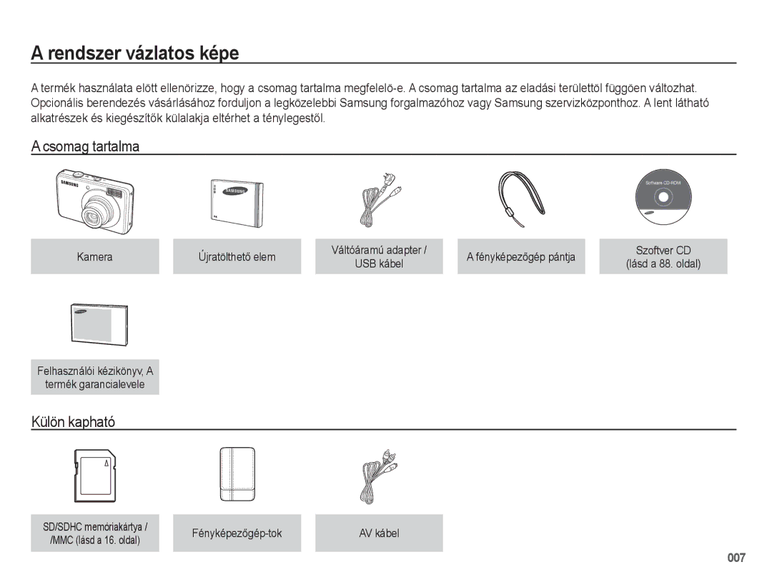 Samsung EC-PL50ZABP/IT, EC-PL50ZPBP/IT, EC-PL50ZABP/E1 manual Rendszer vázlatos képe, Csomag tartalma, Külön kapható 