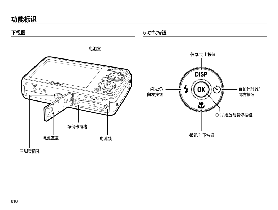 Samsung EC-PL50ZSBP/E3, EC-PL50ZABP/IT 下视图 功能按钮, 电池室 信息/向上按钮 闪光灯, 向左按钮 向右按钮 Ok / 播放与暂停按钮, 电池室盖 电池锁 微距 /向下按钮 三脚架插孔, 010 