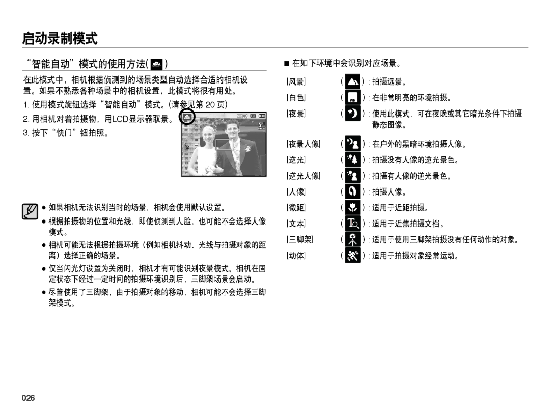 Samsung EC-PL50ZSBP/E3 manual 智能自动模式的使用方法, 使用模式旋钮选择智能自动模式。请参见第 20 页 用相机对着拍摄物，用LCD显示器取景。 按下快门钮拍照。, 在如下环境中会识别对应场景。, 026 