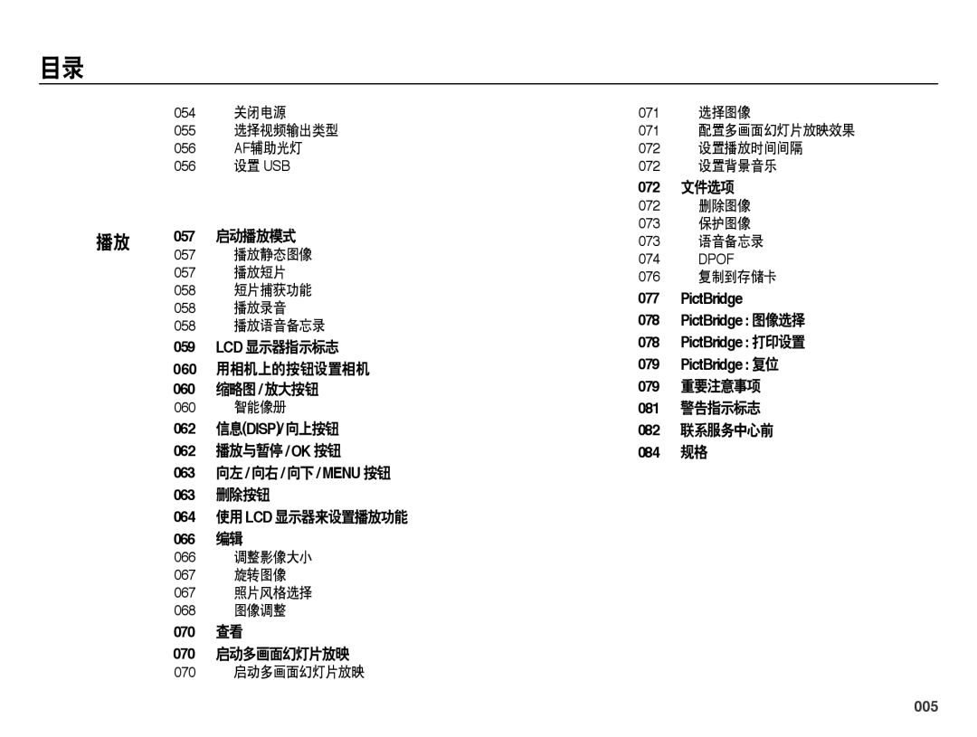 Samsung EC-PL50ZBBP/E3, EC-PL50ZABP/IT, EC-PL50ZPBP/IT manual 072 文件选项, 079 重要注意事项 081 警告指示标志 082 联系服务中心前 084 规格, 005 