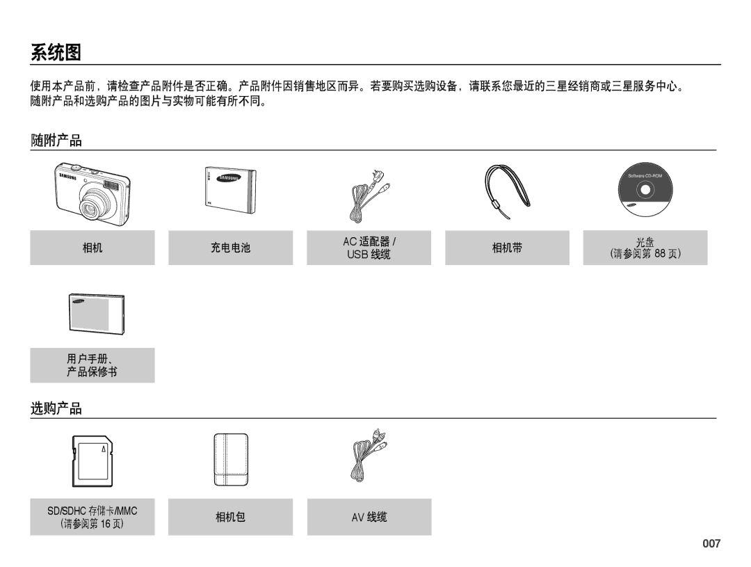 Samsung EC-PL50ZABP/IT, EC-PL50ZPBP/IT, EC-PL50ZABP/E1, EC-PL50ZSBP/E3, EC-PL50ZPBP/E3, EC-PL50ZABP/E3 系统图, 随附产品, 选购产品, 007 