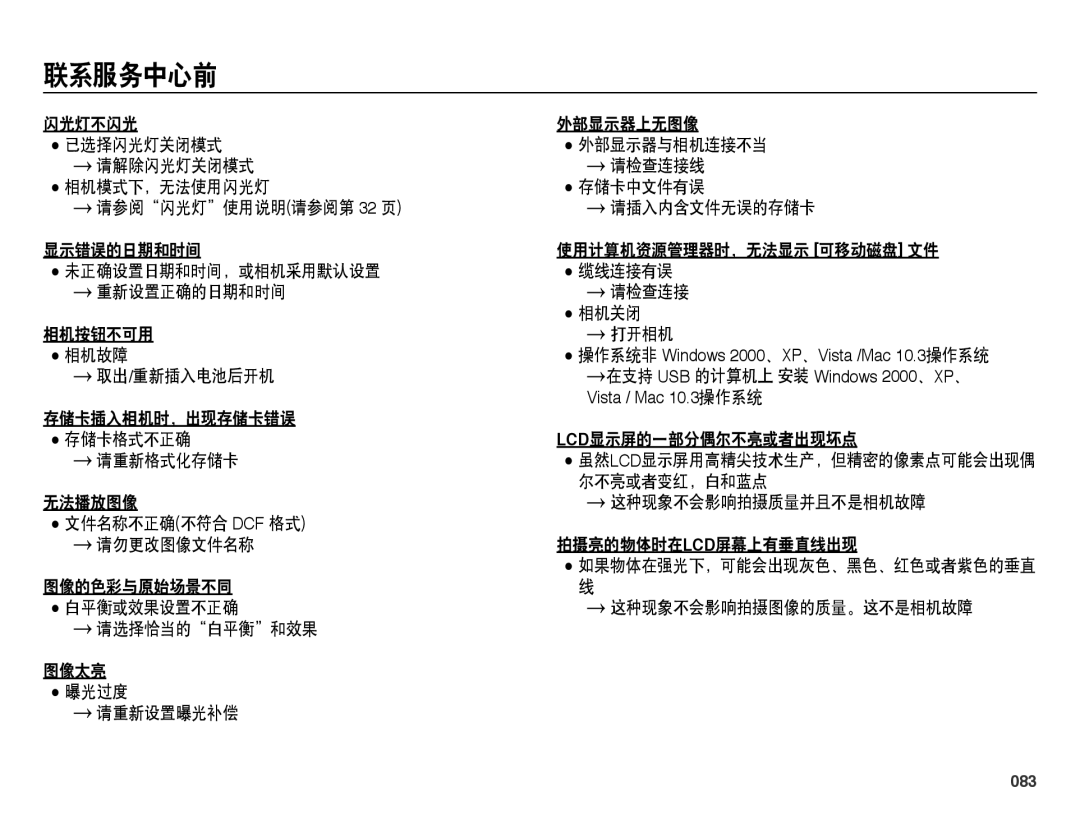 Samsung EC-PL50ZPBP/E3 manual 取出/重新插入电池后开机, 存储卡插入相机时，出现存储卡错误 存储卡格式不正确 Lcd显示屏的一部分偶尔不亮或者出现坏点 请重新格式化存储卡, 尔不亮或者变红，白和蓝点, 083 