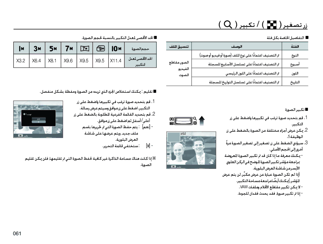 Samsung EC-PL50ZPBP/ME manual ﺓﺭﻮﺼﻟﺍ ﻢﺠﳊ ﺔﺒﺴﻨﻟﺎﺑ ﺮﻴﺒﻜﺘﻟﺍ ﻝﺪﻌﳌ ﻰﺼﻗﻷﺍ ﺪﳊﺍ, ﺔﺌﻓﻞﻜﺑﺔﺻﺎﳋﺍﻞﻴﺻﺎﻔﺘﻟﺍ, ﺓﺭﻮﺼﻟﺍ ﺮﻴﺒﻜﺗ, ﺔﻔﻴﻇﻮﻟﺍ 