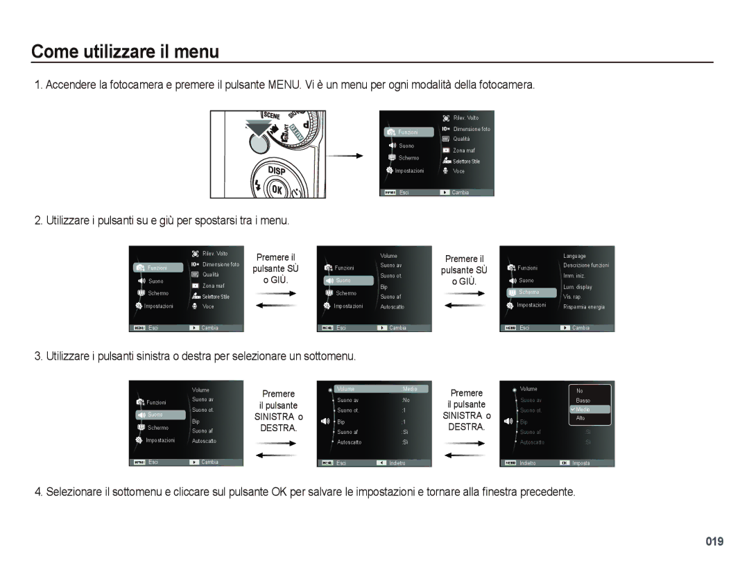 Samsung EC-PL50ZSBP/IT, EC-PL50ZBBP/IT Come utilizzare il menu, Utilizzare i pulsanti su e giù per spostarsi tra i menu 