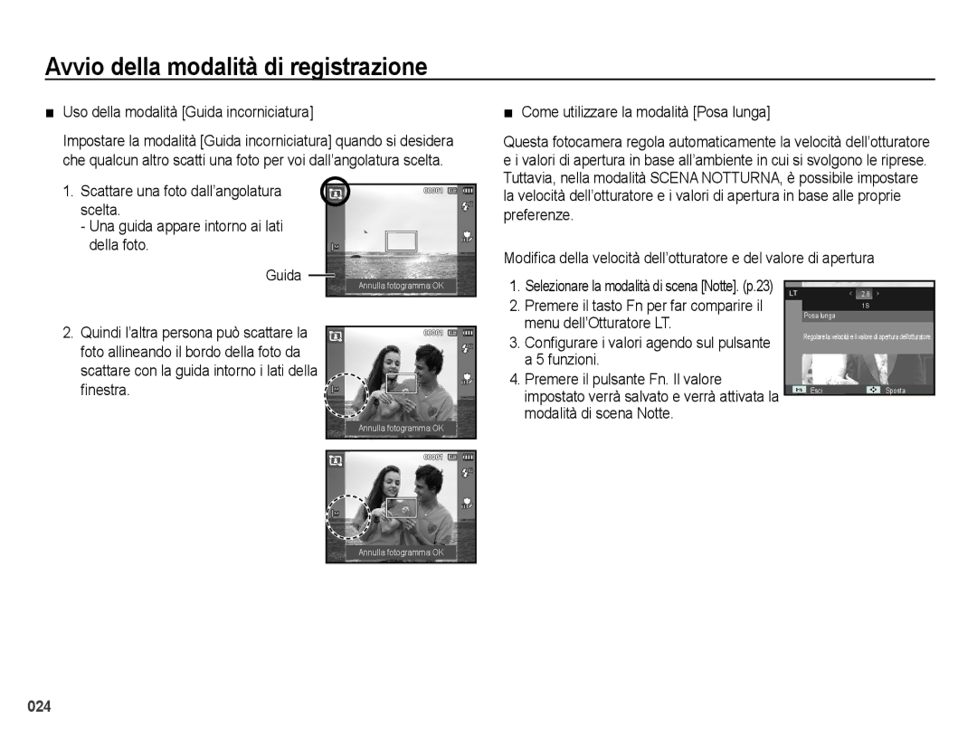 Samsung EC-PL50ZABA/IT, EC-PL50ZBBP/IT, EC-PL50ZSBP/IT, EC-PL50ZSBA/IT manual „ Uso della modalità Guida incorniciatura 