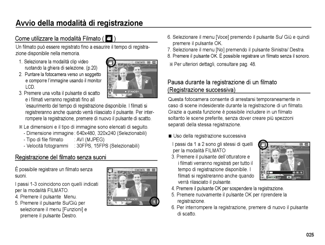 Samsung EC-PL50ZSBP/IT manual Come utilizzare la modalità Filmato, Registrazione del ﬁlmato senza suoni, Tipo di ﬁle ﬁlmato 