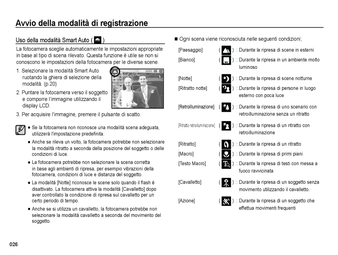 Samsung EC-PL50ZSBA/IT manual Uso della modalità Smart Auto, Ogni scena viene riconosciuta nelle seguenti condizioni 