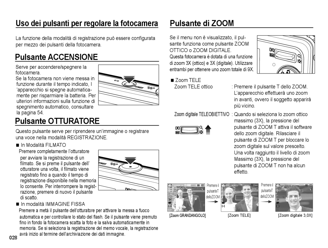 Samsung EC-PL50ZPBP/IT, EC-PL50ZBBP/IT, EC-PL50ZABA/IT manual Pulsante Accensione, Pulsante Otturatore, Pulsante di Zoom 