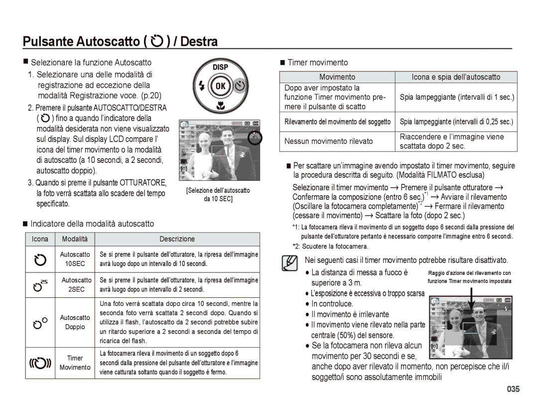 Samsung EC-PL50ZBBP/IT manual Selezionare la funzione Autoscatto, Indicatore della modalità autoscatto, Timer movimento 