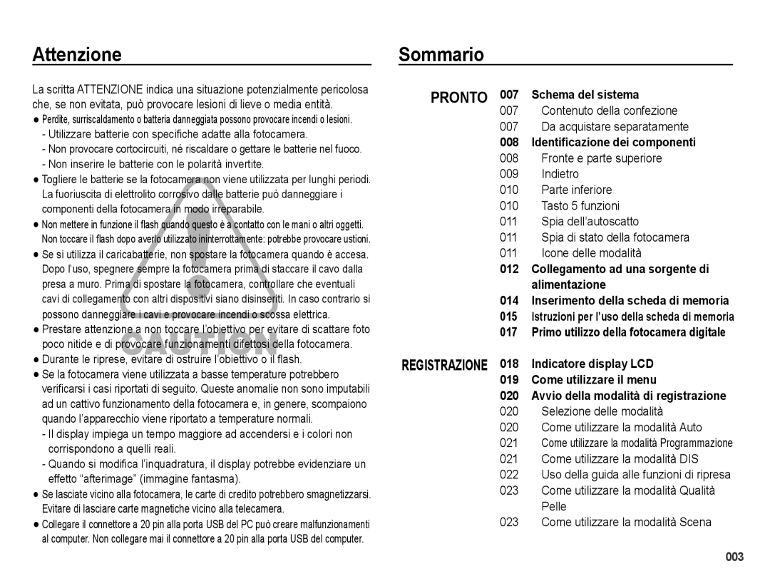 Samsung EC-PL50ZABP/IT, EC-PL50ZBBP/IT manual Attenzione Sommario, Contenuto della confezione Da acquistare separatamente 