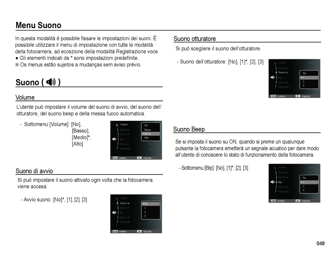 Samsung EC-PL50ZSBP/IT, EC-PL50ZBBP/IT, EC-PL50ZABA/IT, EC-PL50ZSBA/IT, EC-PL50ZABP/IT, EC-PL50ZPBP/IT Menu Suono, Suono  