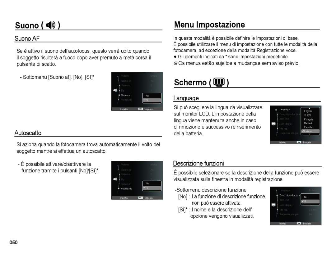 Samsung EC-PL50ZSBA/IT, EC-PL50ZBBP/IT, EC-PL50ZABA/IT, EC-PL50ZSBP/IT, EC-PL50ZABP/IT manual Menu Impostazione, Schermo 