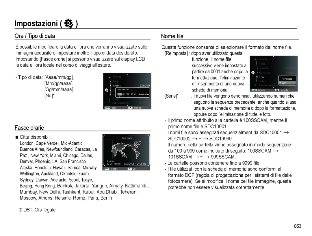 Samsung EC-PL50ZBBP/IT, EC-PL50ZABA/IT, EC-PL50ZSBP/IT, EC-PL50ZSBA/IT manual Ora / Tipo di data, Nome file, Fasce orarie 