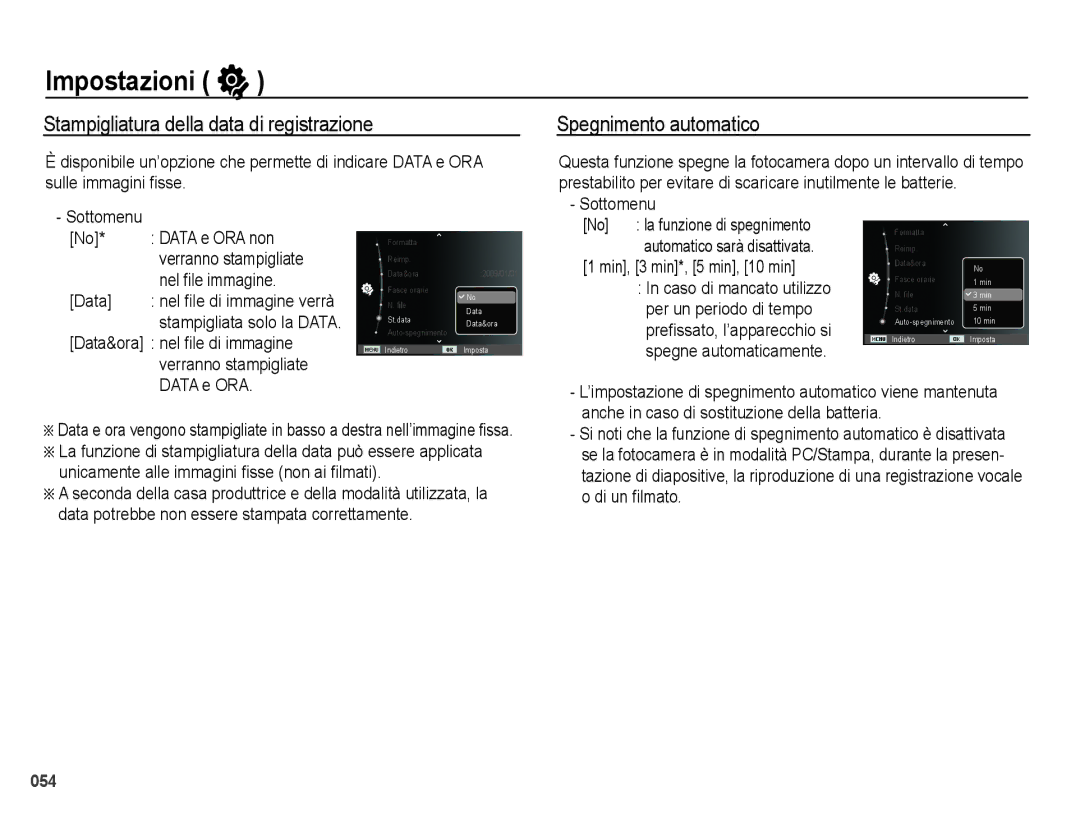 Samsung EC-PL50ZABA/IT, EC-PL50ZBBP/IT, EC-PL50ZSBP/IT Stampigliatura della data di registrazione, Spegnimento automatico 