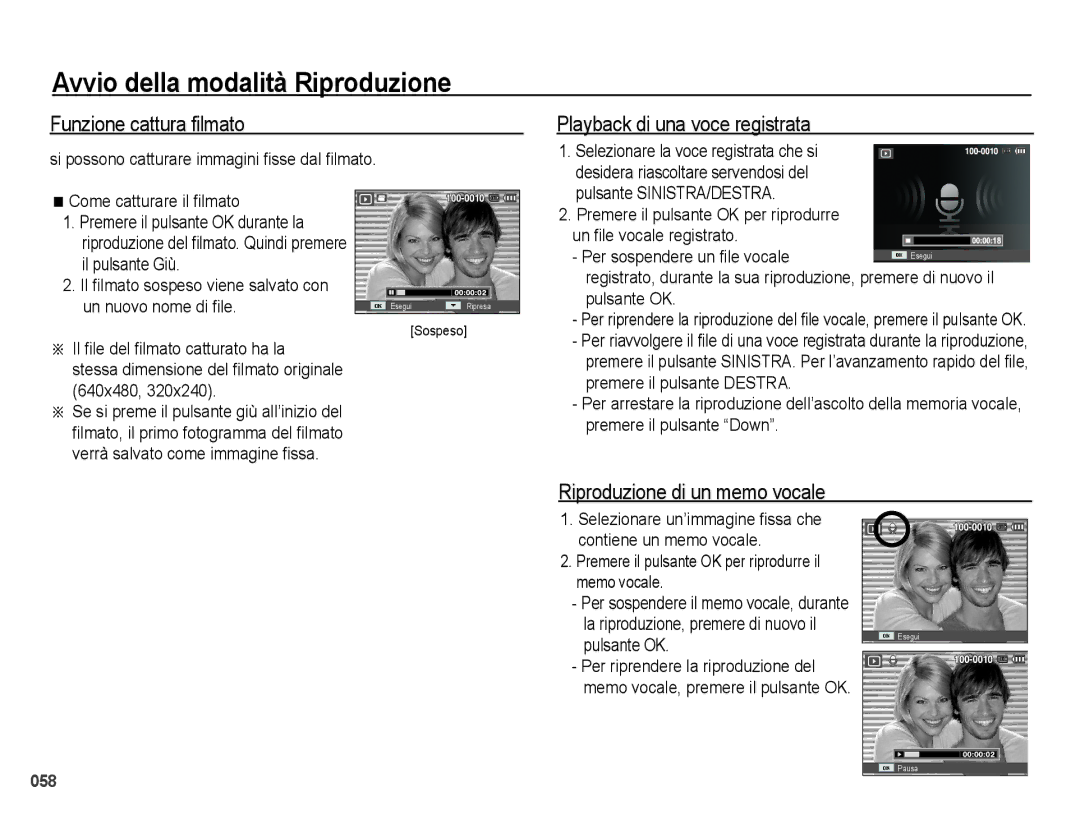 Samsung EC-PL50ZPBP/IT manual Funzione cattura filmato, Playback di una voce registrata, Riproduzione di un memo vocale 