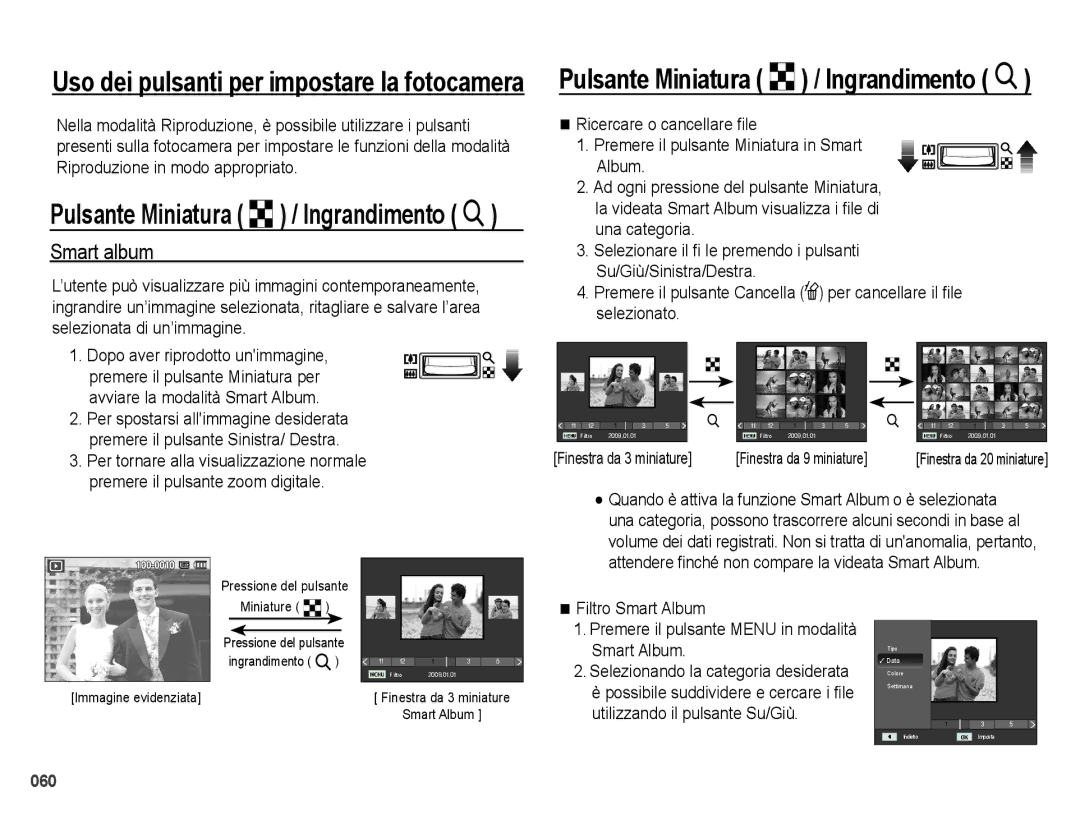 Samsung EC-PL50ZABA/IT, EC-PL50ZBBP/IT, EC-PL50ZSBP/IT manual Uso dei pulsanti per impostare la fotocamera, Smart album 