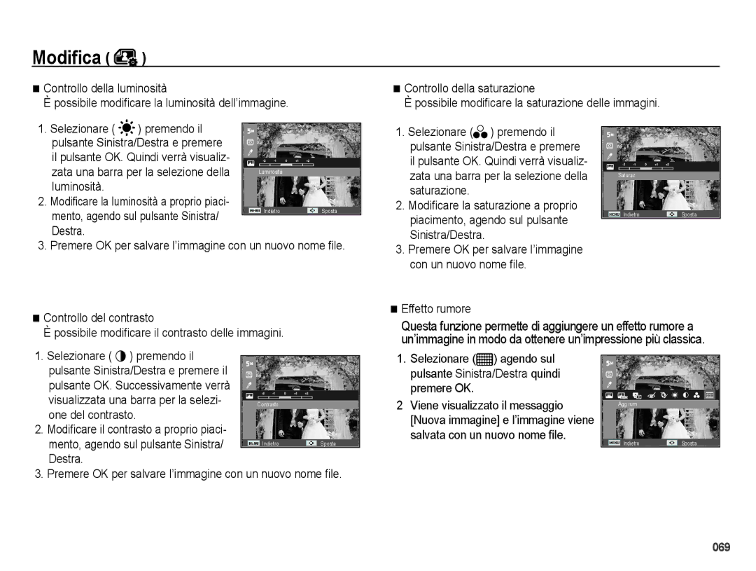 Samsung EC-PL50ZABP/IT, EC-PL50ZBBP/IT manual Luminosità, Controllo del contrasto, Effetto rumore, One del contrasto 