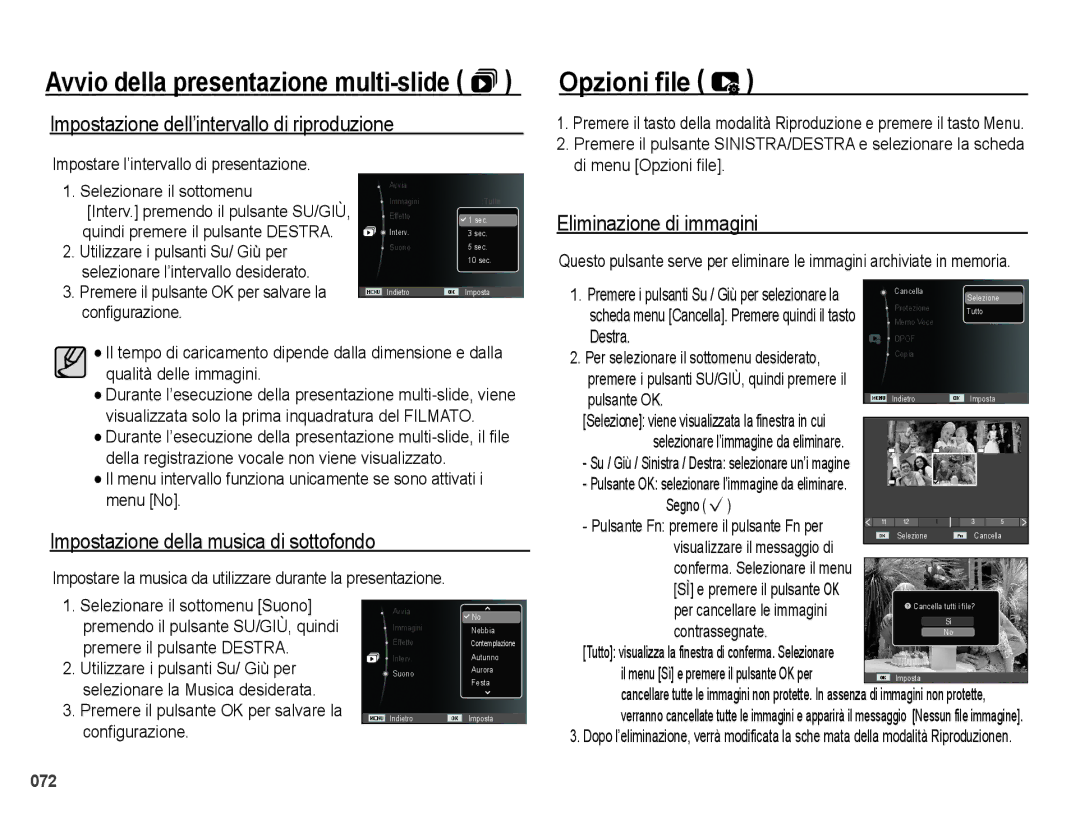 Samsung EC-PL50ZABA/IT manual Opzioni file, Impostazione dell’intervallo di riproduzione, Eliminazione di immagini 