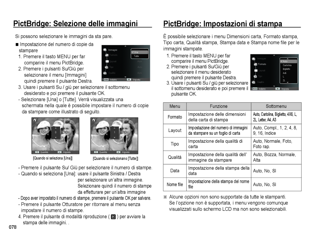 Samsung EC-PL50ZABA/IT, EC-PL50ZBBP/IT manual PictBridge Selezione delle immagini, PictBridge Impostazioni di stampa 