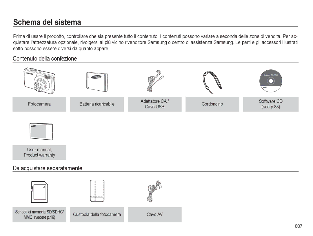 Samsung EC-PL50ZSBP/IT, EC-PL50ZBBP/IT manual Schema del sistema, Contenuto della confezione, Da acquistare separatamente 