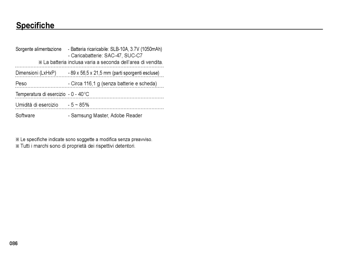 Samsung EC-PL50ZSBA/IT, EC-PL50ZBBP/IT, EC-PL50ZABA/IT Peso, 40C, Tutti i marchi sono di proprietà dei rispettivi detentori 