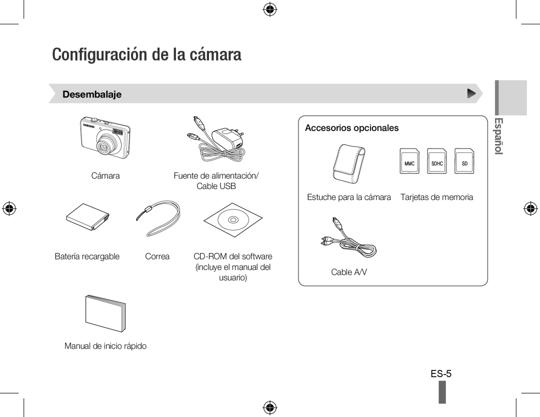 Samsung EC-PL50ZSBP/E1, EC-PL50ZPBP/FR, EC-PL50ZABP/FR manual Configuración de la cámara, Desembalaje, Accesorios opcionales 