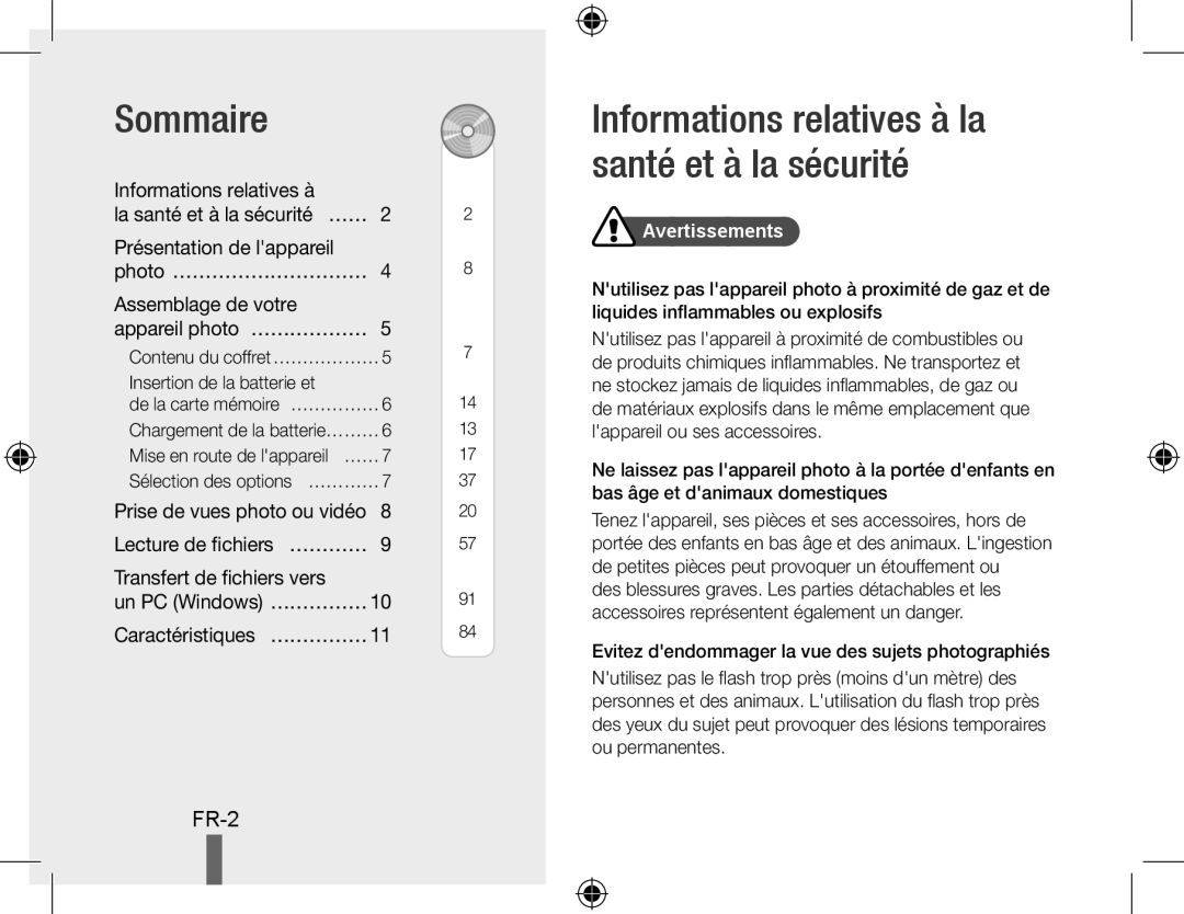 Samsung EC-PL50ZABP/ME, EC-PL50ZPBP/FR, EC-PL50ZABP/FR manual Sommaire, Informations relatives à la santé et à la sécurité 