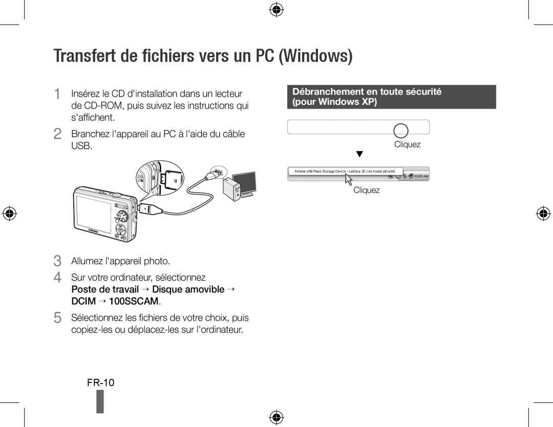 Samsung EC-PL50ZABP/VN manual Transfert de fichiers vers un PC Windows, Débranchement en toute sécurité pour Windows XP 