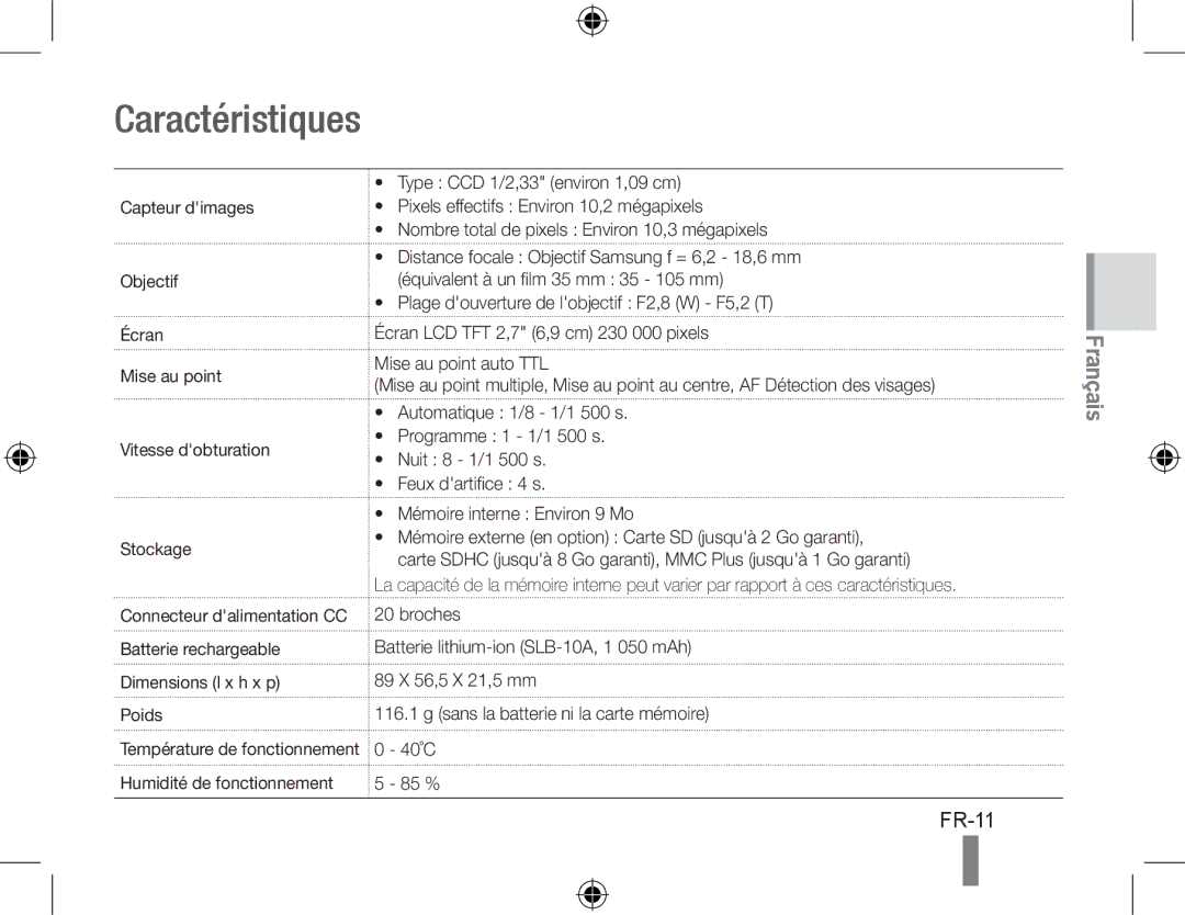 Samsung EC-PL50ZSBP/VN, EC-PL50ZPBP/FR, EC-PL50ZABP/FR, EC-PL50ZSBP/FR, EC-PL50ZBBP/FR, EC-PL50ZSBP/GB Caractéristiques, FR-11 