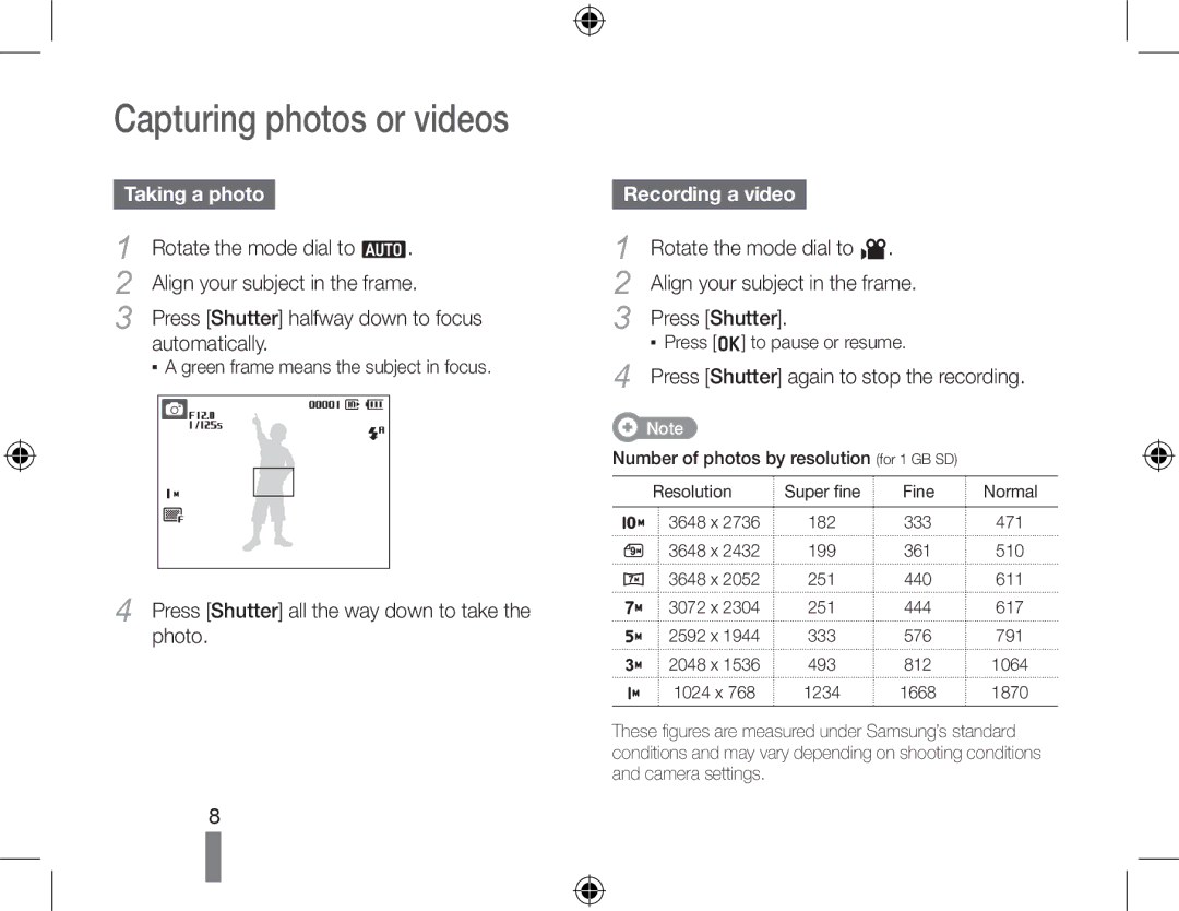 Samsung EC-PL50ZSBA/IT, EC-PL50ZPBP/FR, EC-PL50ZABP/FR manual Capturing photos or videos, Taking a photo, Recording a video 