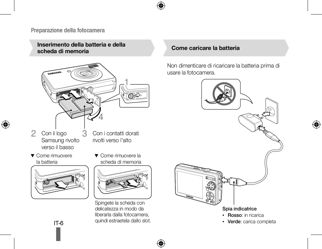 Samsung EC-PL50ZABP/RU, EC-PL50ZPBP/FR manual Preparazione della fotocamera, Con i contatti dorati rivolti verso lalto 