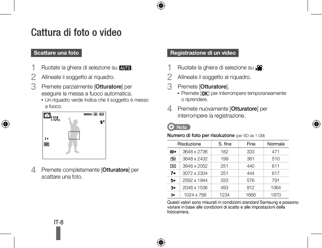 Samsung EC-PL50ZUBP/RU, EC-PL50ZPBP/FR manual Cattura di foto o video, Scattare una foto, Allineate il soggetto al riquadro 