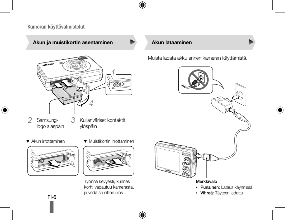 Samsung EC-PL50ZABP/SA, EC-PL50ZPBP/FR manual Akun ja muistikortin asentaminen Akun lataaminen, Logo alaspäin Ylöspäin 