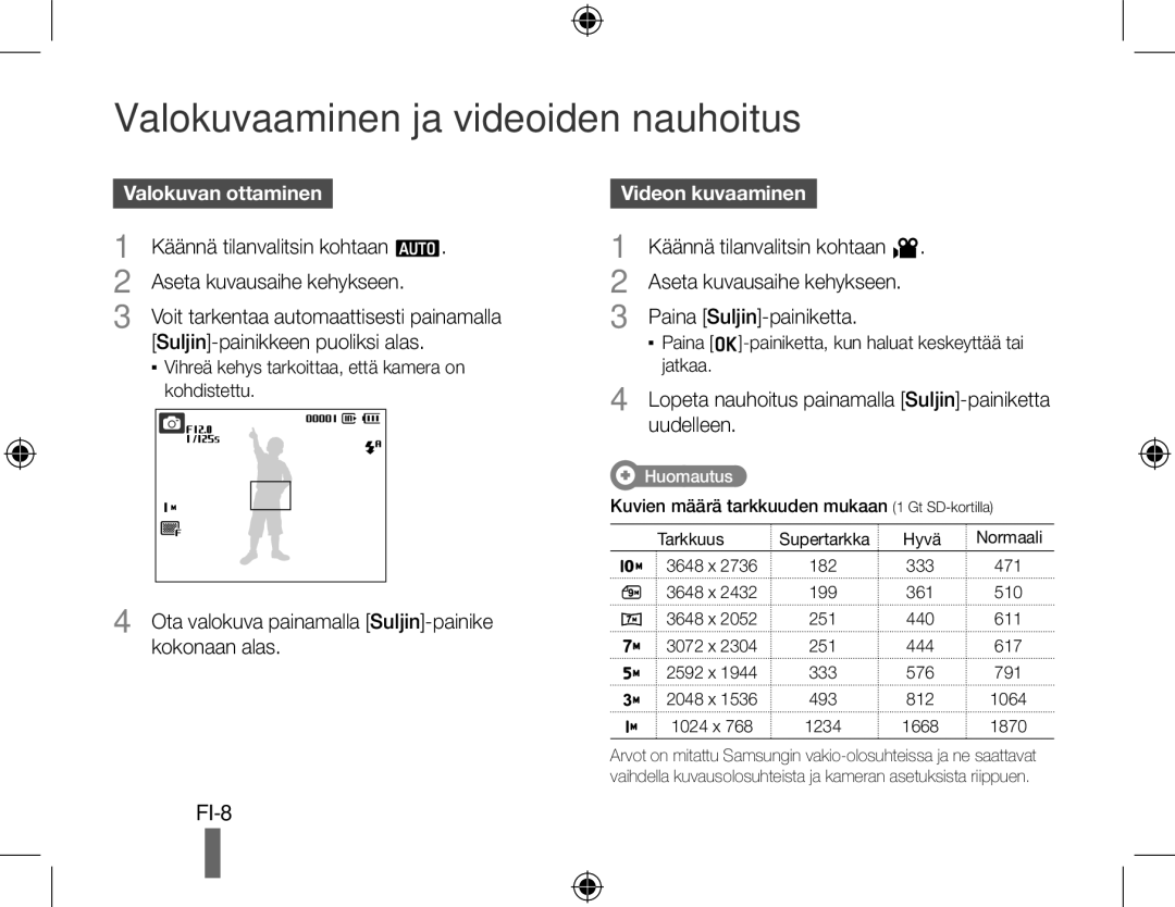 Samsung EC-PL50ZPDP/ME, EC-PL50ZPBP/FR manual Valokuvaaminen ja videoiden nauhoitus, Valokuvan ottaminen, Videon kuvaaminen 