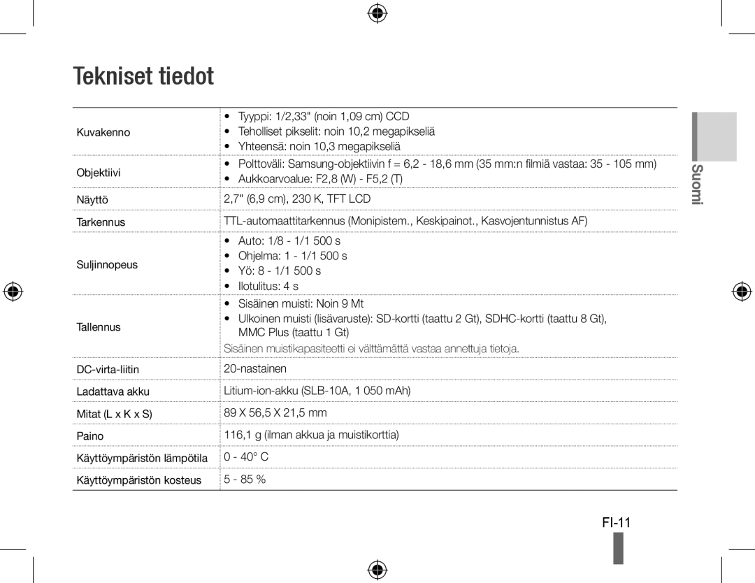 Samsung EC-PL50ZSBP/SA, EC-PL50ZPBP/FR, EC-PL50ZABP/FR, EC-PL50ZSBP/FR, EC-PL50ZBBP/FR, EC-PL50ZSBP/GB manual Tekniset tiedot 