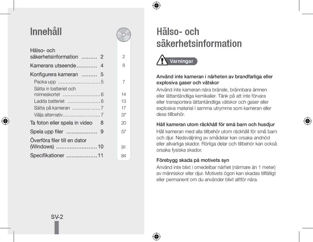 Samsung EC-PL50ZABP/ME, EC-PL50ZPBP/FR, EC-PL50ZABP/FR manual Innehåll, Hälso- och, Överföra filer till en dator, Varningar 