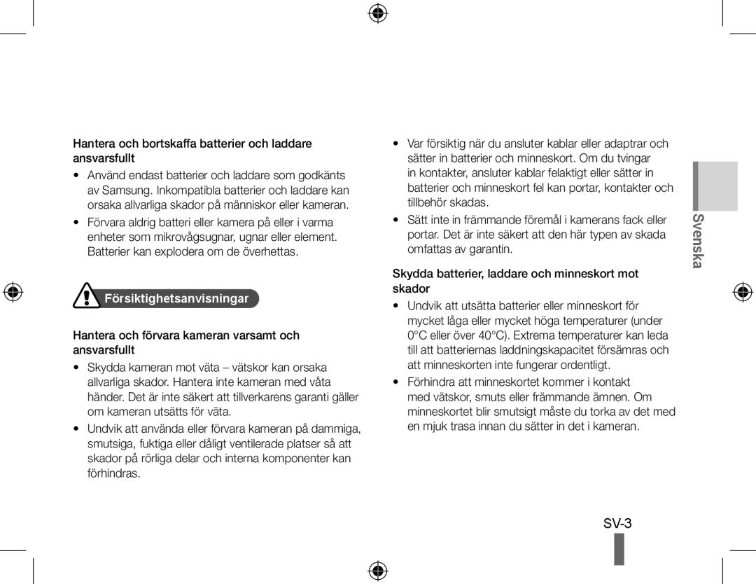 Samsung EC-PL50ZADP/ME, EC-PL50ZPBP/FR Hantera och bortskaffa batterier och laddare ansvarsfullt, Försiktighetsanvisningar 