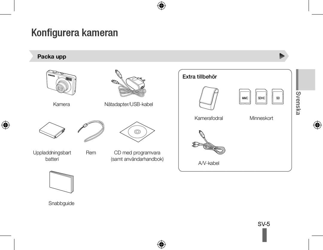 Samsung EC-PL50ZSBP/ME, EC-PL50ZPBP/FR, EC-PL50ZABP/FR, EC-PL50ZSBP/FR manual Konfigurera kameran, Packa upp, Extra tillbehör 