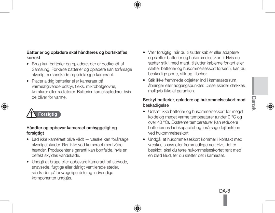 Samsung EC-PL50ZPBP/VN, EC-PL50ZPBP/FR, EC-PL50ZAAP Batterier og opladere skal håndteres og bortskaffes korrekt, Forsigtig 