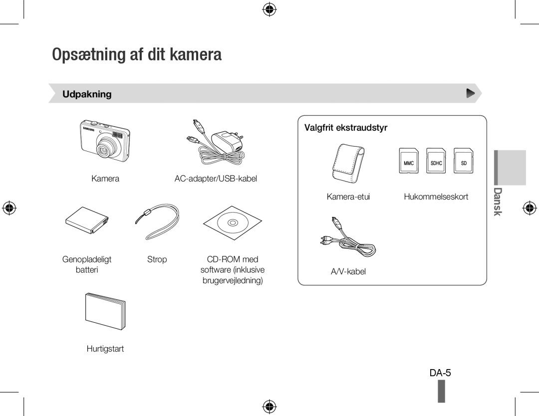 Samsung EC-PL50ZSBP/E3, EC-PL50ZPBP/FR, EC-PL50ZABP/FR manual Opsætning af dit kamera, Udpakning, Valgfrit ekstraudstyr 