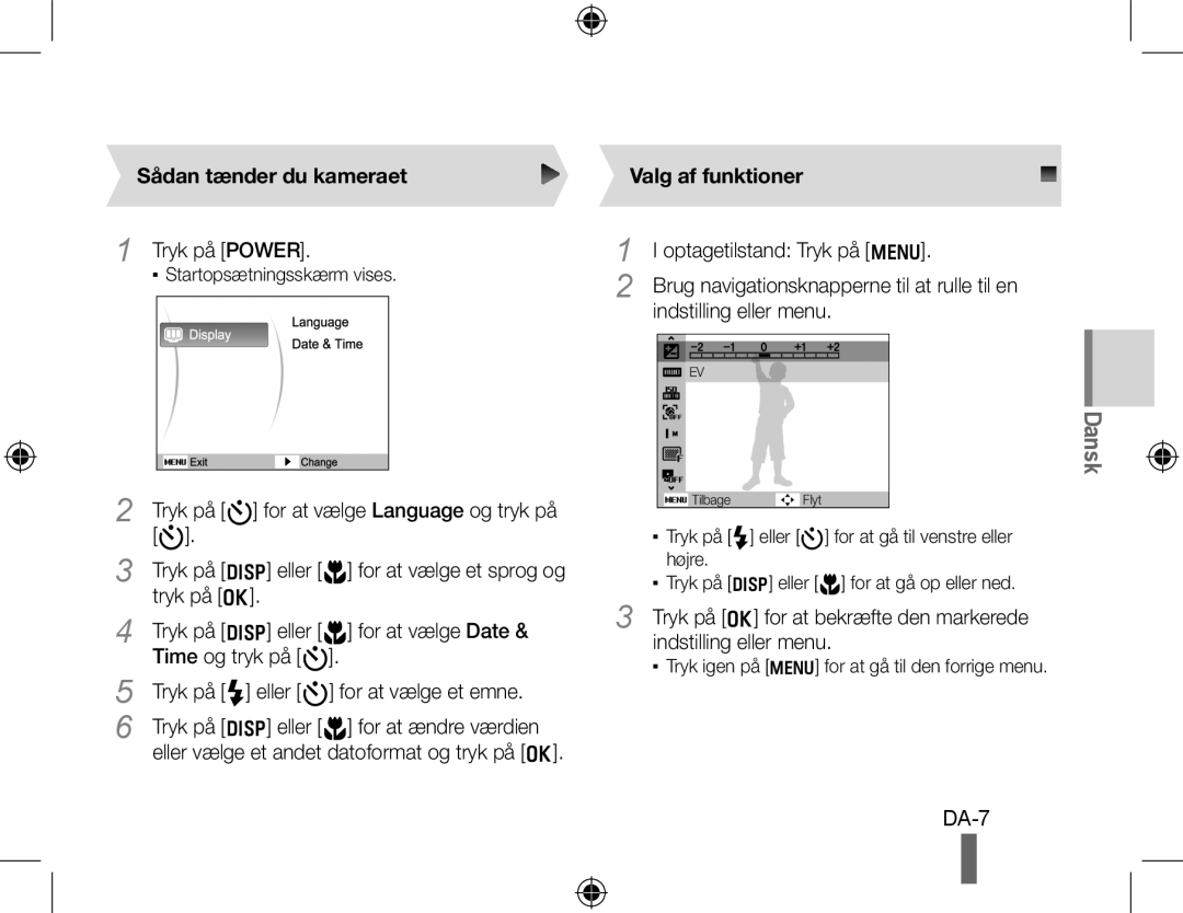 Samsung EC-PL50ZABP/E3, EC-PL50ZPBP/FR, EC-PL50ZABP/FR, EC-PL50ZSBP/FR manual Sådan tænder du kameraet, Valg af funktioner 