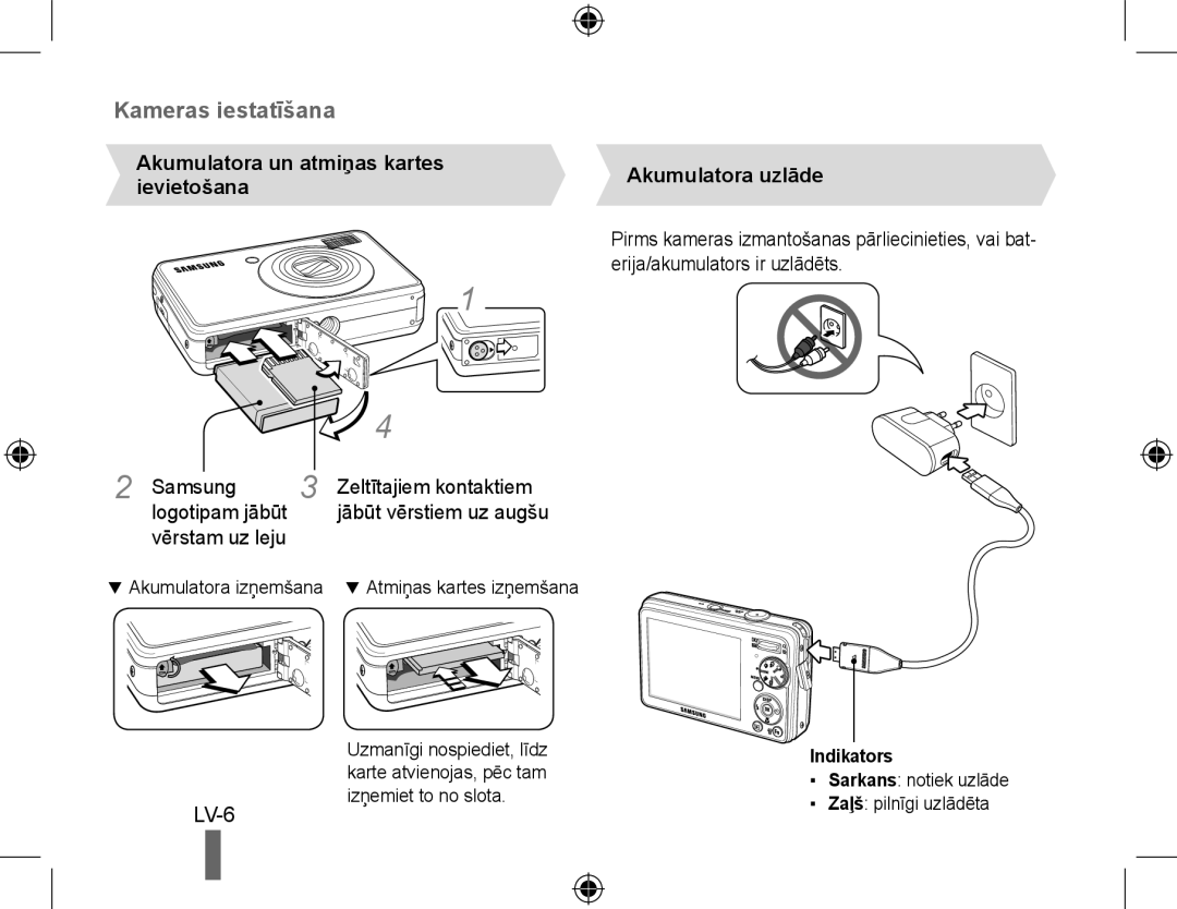 Samsung EC-PL50ZBBP/IT, EC-PL50ZPBP/FR, EC-PL50ZABP/FR, EC-PL50ZSBP/FR, EC-PL50ZBBP/FR manual Vērstam uz leju, Indikators 