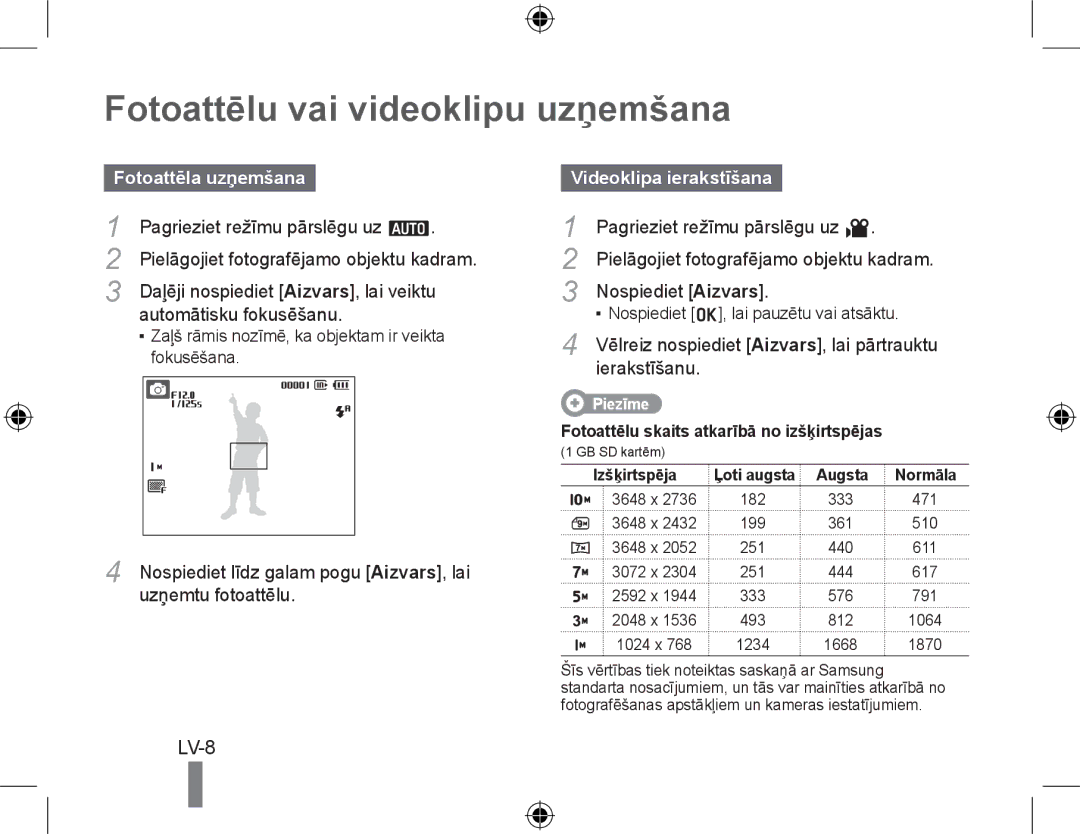 Samsung EC-PL50ZSBP/IT, EC-PL50ZPBP/FR Fotoattēlu vai videoklipu uzņemšana, Fotoattēla uzņemšana, Videoklipa ierakstīšana 