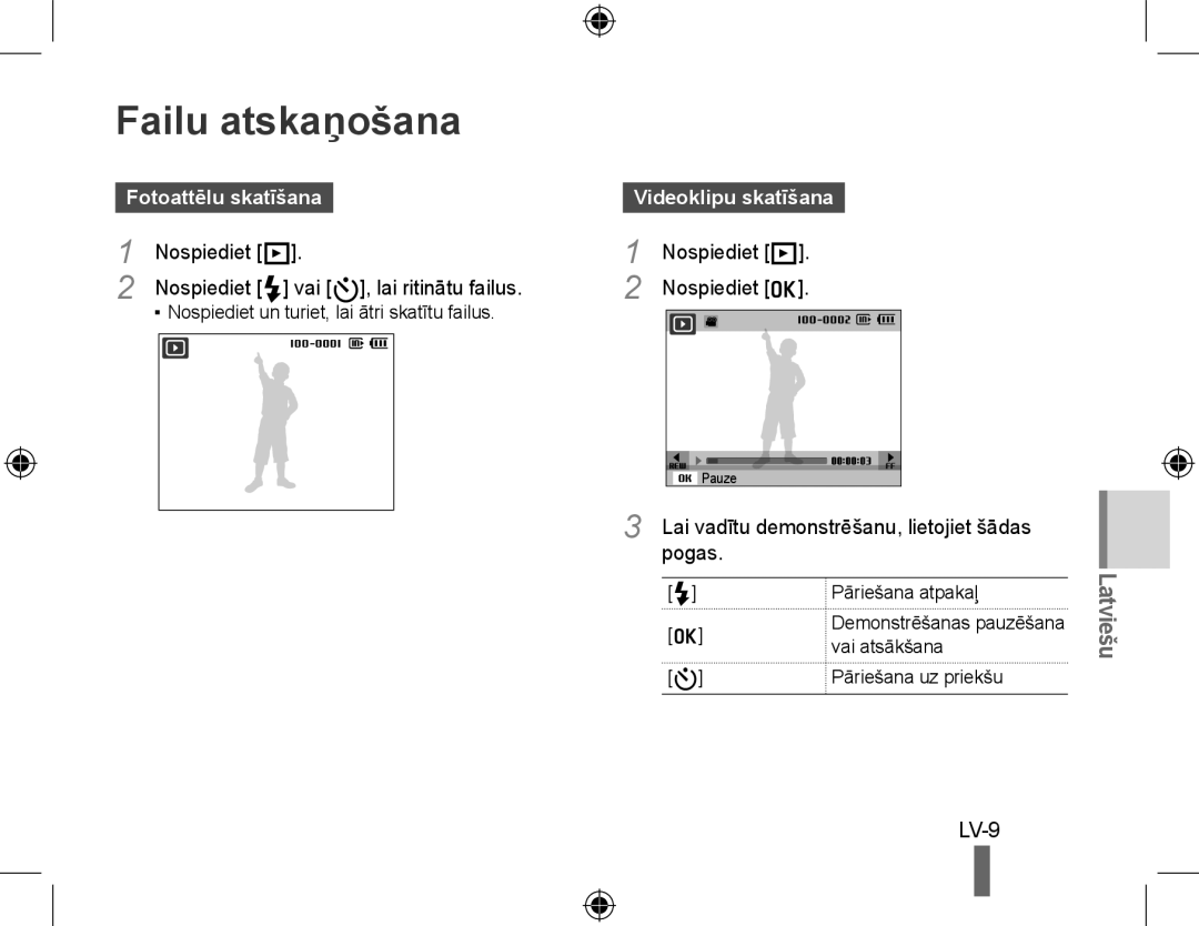 Samsung EC-PL50ZSBA/IT, EC-PL50ZPBP/FR, EC-PL50ZABP/FR Failu atskaņošana, Fotoattēlu skatīšanaVideoklipu skatīšana, Pogas 